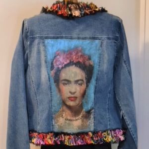 Frida Kahlo recycled denim jacket. Teal background, not blue, behind Frida.